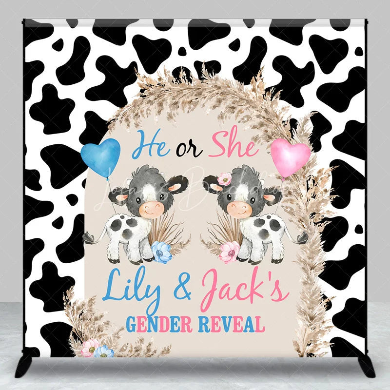 Lofaris Personalized He or She Cow Gender Reveal Backdrop Print and Pampas Grass Background Custom Name Baby Shower Decor