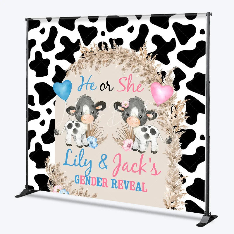 Lofaris Personalized He or She Cow Gender Reveal Backdrop Print and Pampas Grass Background Custom Name Baby Shower Decor
