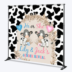 Lofaris Personalized He or She Cow Gender Reveal Backdrop Print and Pampas Grass Background Custom Name Baby Shower Decor