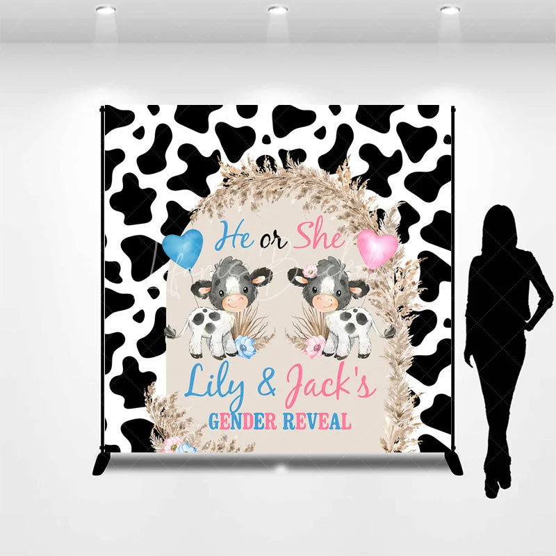 Lofaris Personalized He or She Cow Gender Reveal Backdrop Print and Pampas Grass Background Custom Name Baby Shower Decor