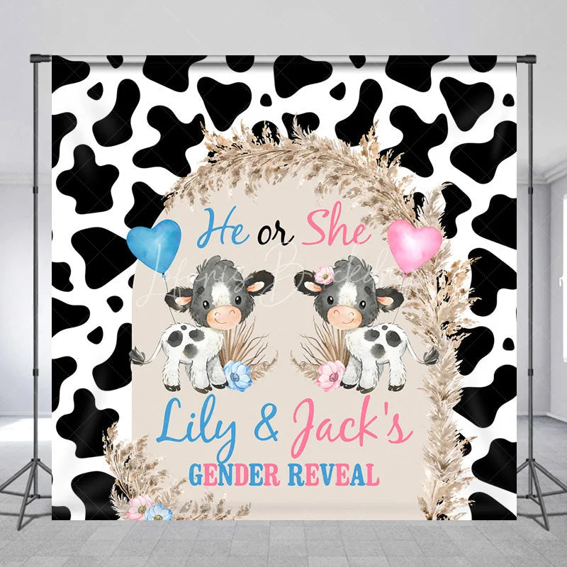Lofaris Personalized He or She Cow Gender Reveal Backdrop Print and Pampas Grass Background Custom Name Baby Shower Decor