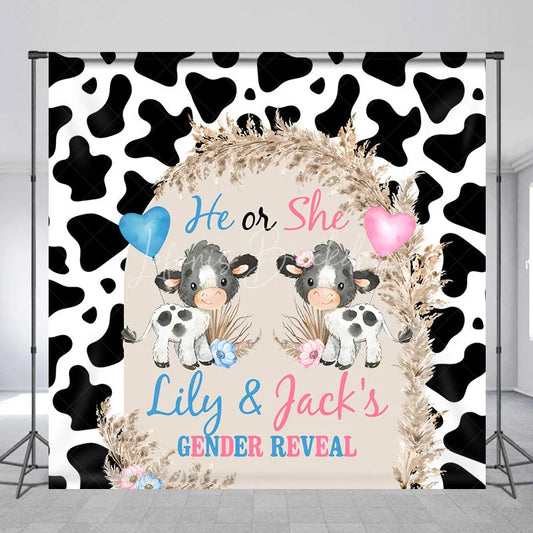 Lofaris Personalized He or She Cow Gender Reveal Backdrop Print and Pampas Grass Background Custom Name Baby Shower Decor