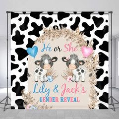 Lofaris Personalized He or She Cow Gender Reveal Backdrop Print and Pampas Grass Background Custom Name Baby Shower Decor