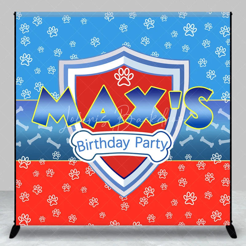 Lofaris Personalized Hero Shield Birthday Backdrop Blue and Red Paw Prints with Bone Pattern Background Custom Name Kids Party Decor