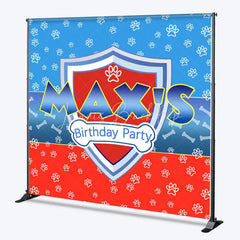 Lofaris Personalized Hero Shield Birthday Backdrop Blue and Red Paw Prints with Bone Pattern Background Custom Name Kids Party Decor