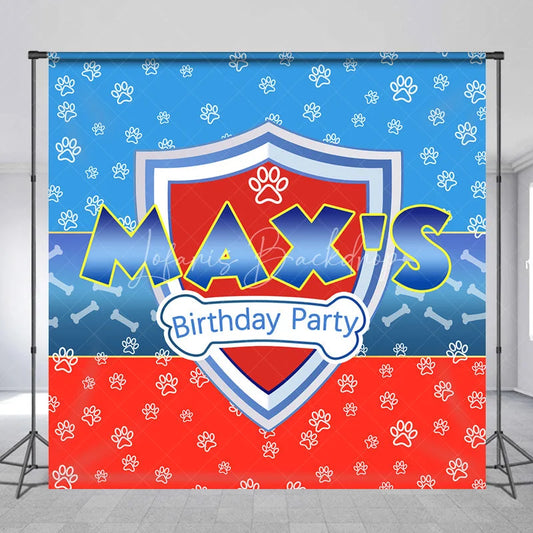 Lofaris Personalized Hero Shield Birthday Backdrop Blue and Red Paw Prints with Bone Pattern Background Custom Name Kids Party Decor
