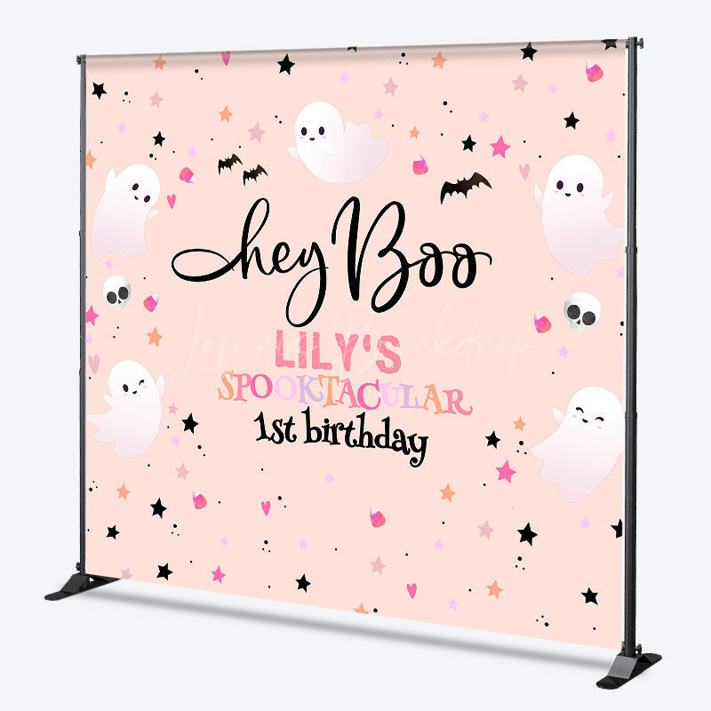 Lofaris Personalized Hey Boo 1st Birthday Backdrop Pink Halloween Spooktacular Theme Custom Name Cute Ghost Party Decor