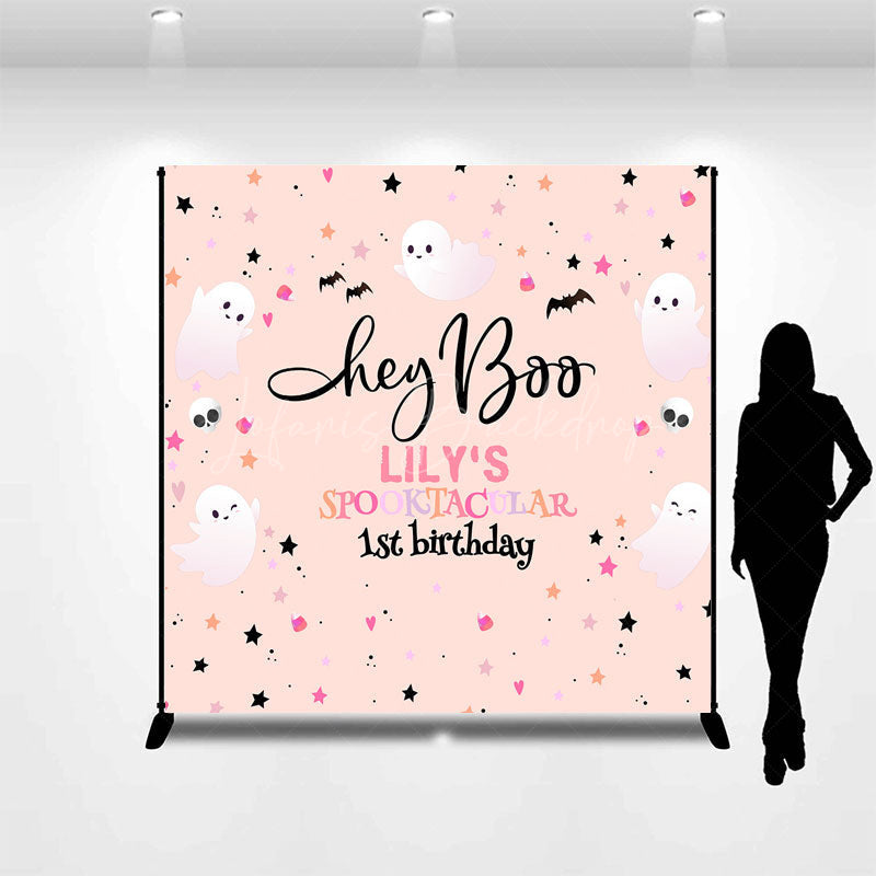 Lofaris Personalized Hey Boo 1st Birthday Backdrop Pink Halloween Spooktacular Theme Custom Name Cute Ghost Party Decor