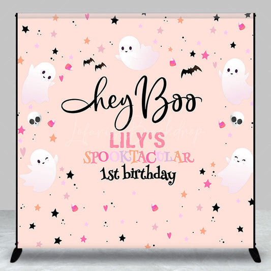 Lofaris Personalized Hey Boo 1st Birthday Backdrop Pink Halloween Spooktacular Theme Custom Name Cute Ghost Party Decor