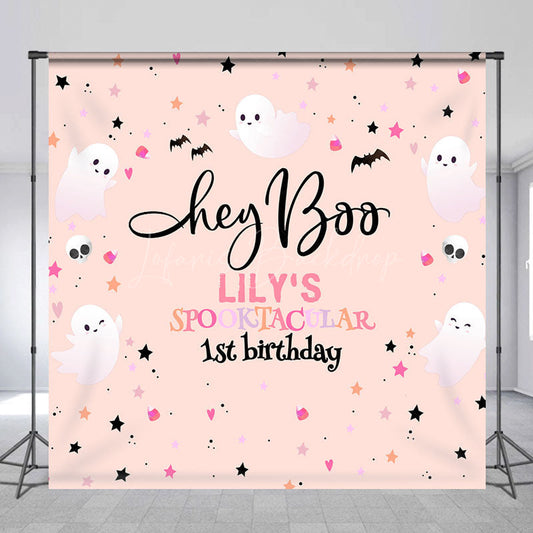 Lofaris Personalized Hey Boo 1st Birthday Backdrop Pink Halloween Spooktacular Theme Custom Name Cute Ghost Party Decor