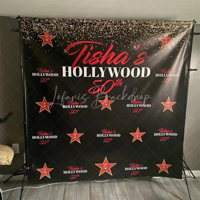 Lofaris Personalized Hollywood 60th Birthday Custom Backdrop with Gold Glitter and Red Stars Glamorous Party Decor