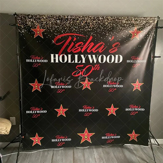 Lofaris Personalized Hollywood 60th Birthday Custom Backdrop with Gold Glitter and Red Stars Glamorous Party Decor