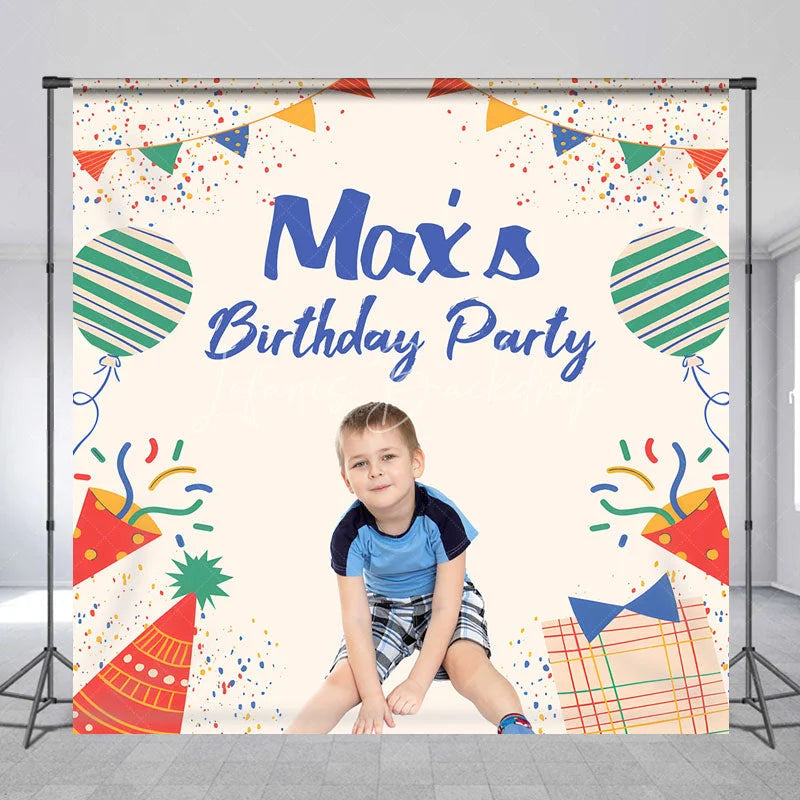 Lofaris Personalized Kid Birthday Party Colorful Backdrop Custom Name Confetti and Balloon Banner
