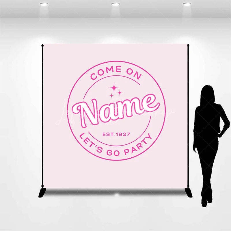 Lofaris Personalized Let is Go Party Custom Birthday Backdrop Retro Pink Circle Logo and Minimalist Event Decor