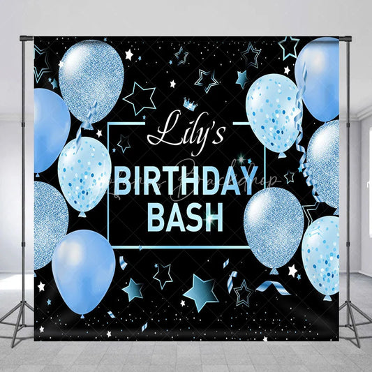 Lofaris Personalized Light Blue Glitter Balloons Custom Birthday Backdrop Black Stars and Confetti Party Decoration