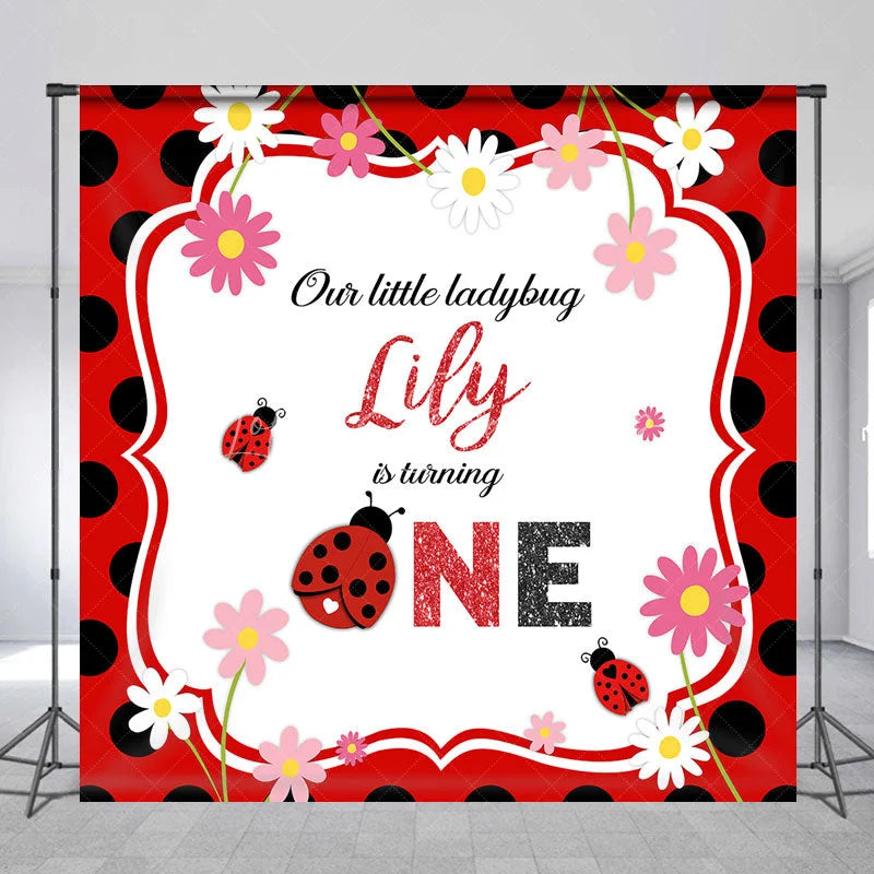 Lofaris Personalized Little Ladybug First Birthday Backdrop Red and Black Polka Dot Theme Custom Name Party Decor for Girl