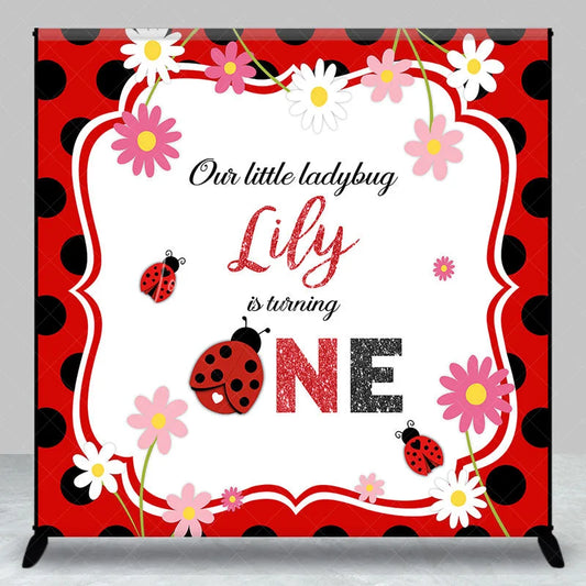 Lofaris Personalized Little Ladybug First Birthday Backdrop Red and Black Polka Dot Theme Custom Name Party Decor for Girl