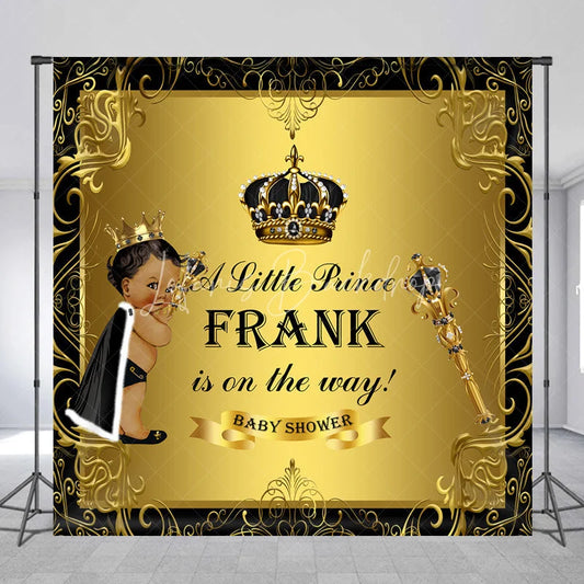 Lofaris Personalized Little Prince Baby Shower Backdrop Royal Black and Gold Crown African American Boy Decor