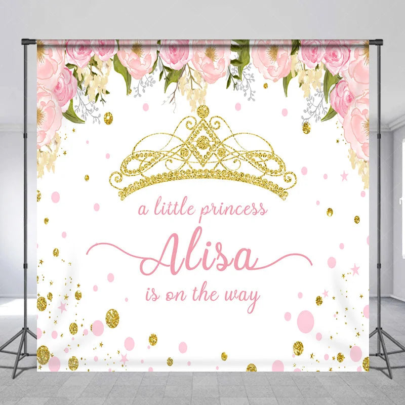 Lofaris Personalized Little Princess Baby Shower Backdrop Pink and Gold Floral Crown Girl Party Decor