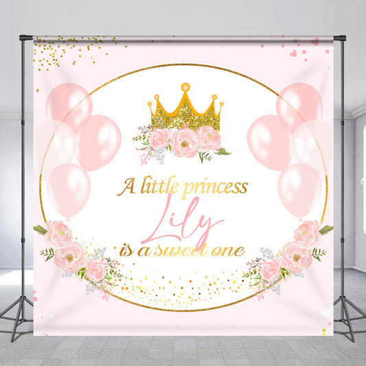 Lofaris Personalized Little Princess Backdrop for Girl Pink and Gold Royal Crown Balloons Custom Name Birthday or Baby Shower