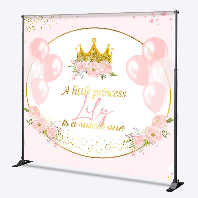 Lofaris Personalized Little Princess Backdrop for Girl Pink and Gold Royal Crown Balloons Custom Name Birthday or Baby Shower