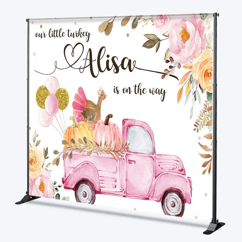 Lofaris Personalized Little Turkey Baby Shower Backdrop Pink Truck Pumpkin Fall Floral Girl Party Decor