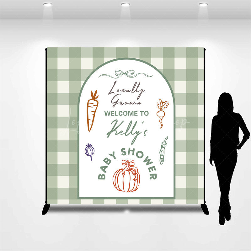 Lofaris Personalized Locally Grown Baby Shower Arch Backdrop Sage Green Gingham Farmer’s Market Theme Custom Name Party Decor