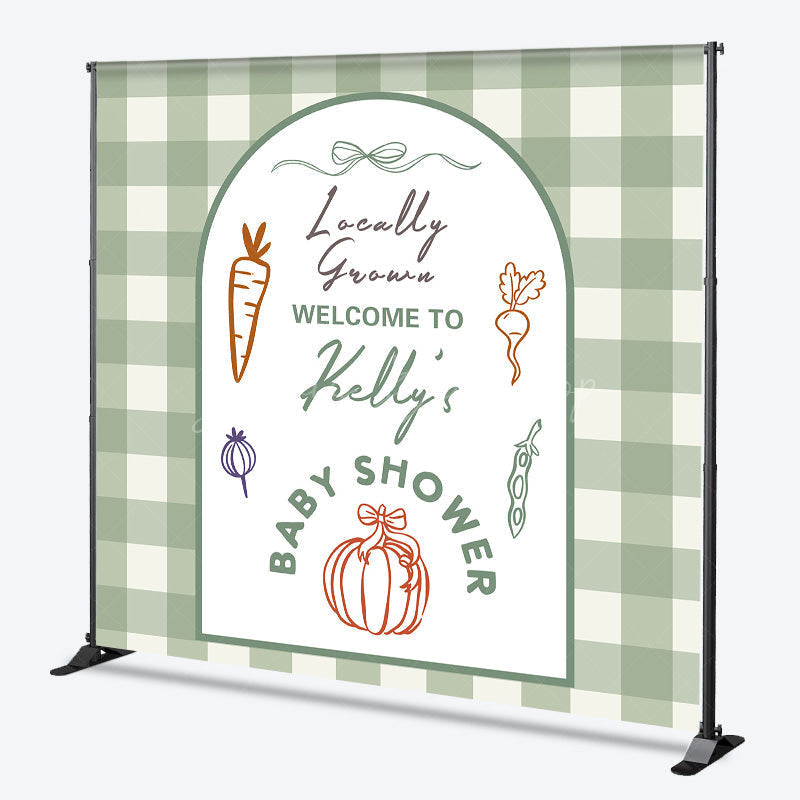 Lofaris Personalized Locally Grown Baby Shower Arch Backdrop Sage Green Gingham Farmer’s Market Theme Custom Name Party Decor