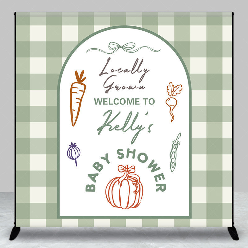 Lofaris Personalized Locally Grown Baby Shower Arch Backdrop Sage Green Gingham Farmer’s Market Theme Custom Name Party Decor