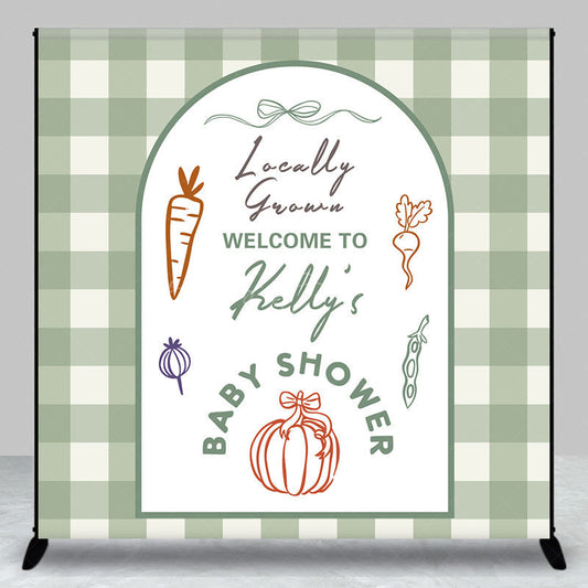 Lofaris Personalized Locally Grown Baby Shower Arch Backdrop Sage Green Gingham Farmer’s Market Theme Custom Name Party Decor