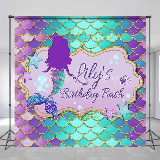 Lofaris Personalized Mermaid Custom Birthday Backdrop Purple Teal Gold Scales Girls Party Photography Background