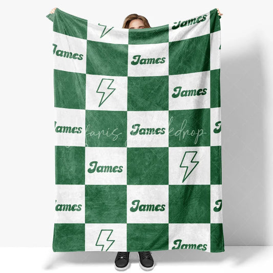 Lofaris Personalized Name Blanket for Boy Custom Green Checkered Lightning Bolt Retro Modern Nursery Decor