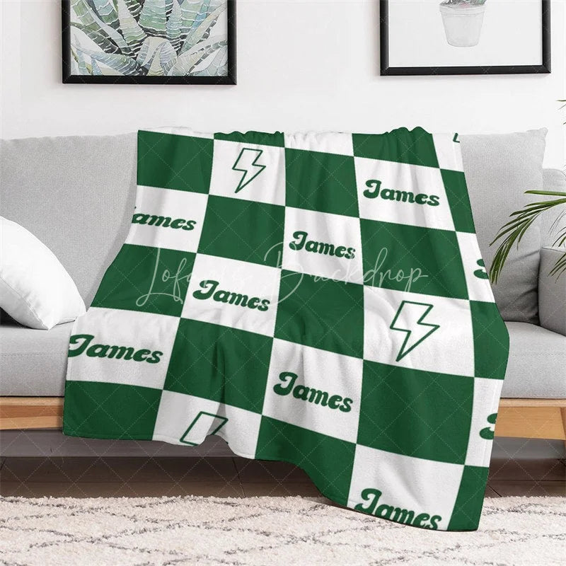 Lofaris Personalized Name Blanket for Boy Custom Green Checkered Lightning Bolt Retro Modern Nursery Decor