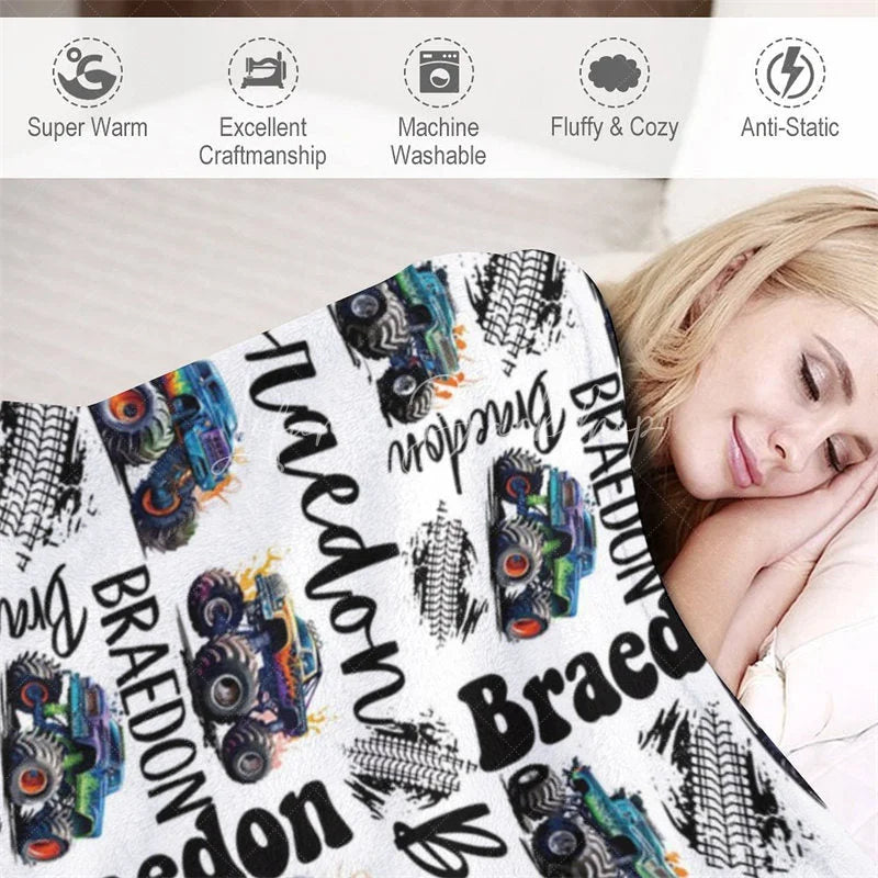 Lofaris Personalized Name Blanket for Boy Custom Monster Truck Baby Racing Car Nursery Decor Swaddle