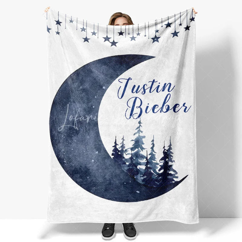 Lofaris Personalized Name Blanket for Boy Custom Moon and Stars Navy Blue Pine Trees Nursery Decor Swaddle