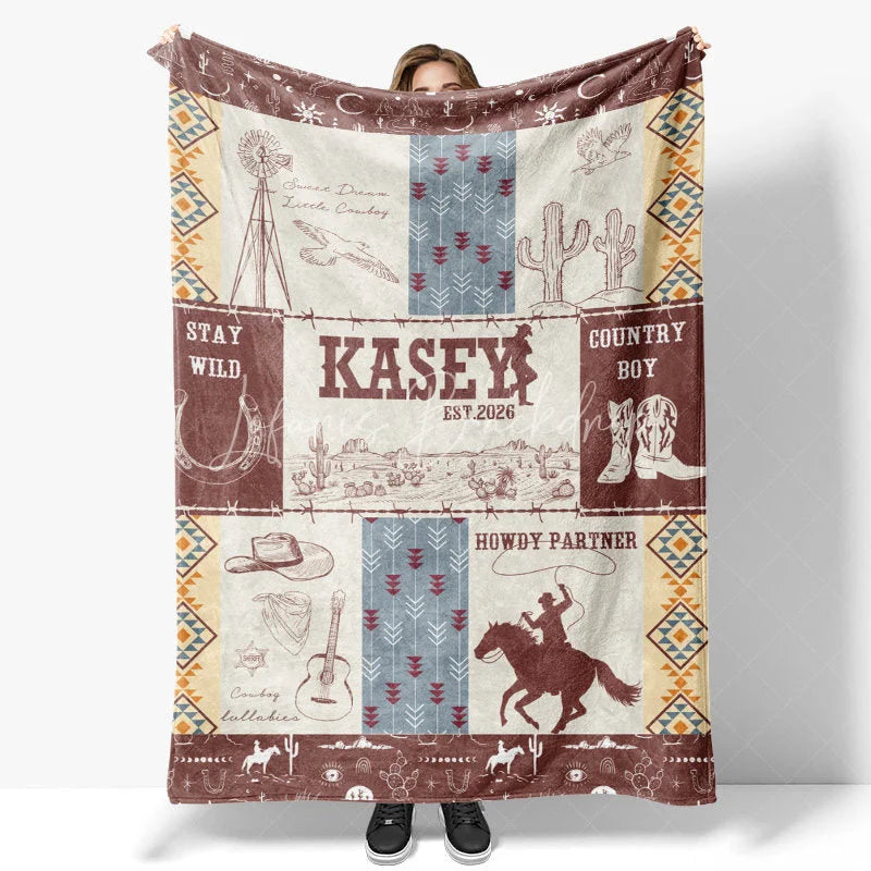 Lofaris Personalized Name Blanket for Boy Custom Western Cowboy Baby Rustic Cactus Nursery Decor Swaddle