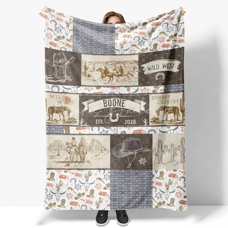 Lofaris Personalized Name Blanket for Boy Custom Western Cowboy Patchwork Rustic Wild West Nursery Decor