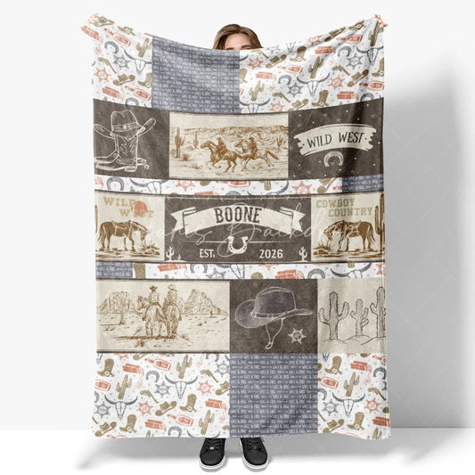 Lofaris Personalized Name Blanket for Boy Custom Western Cowboy Patchwork Rustic Wild West Nursery Decor