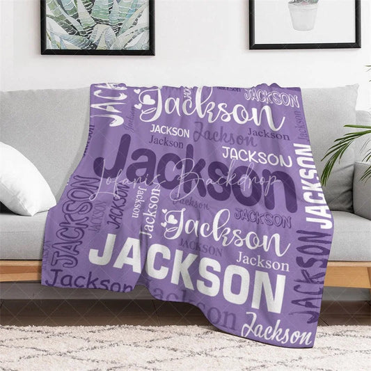 Lofaris Personalized Name Blanket for Boy or Girl Custom Word Cloud Typography Purple Blue Nursery Swaddle