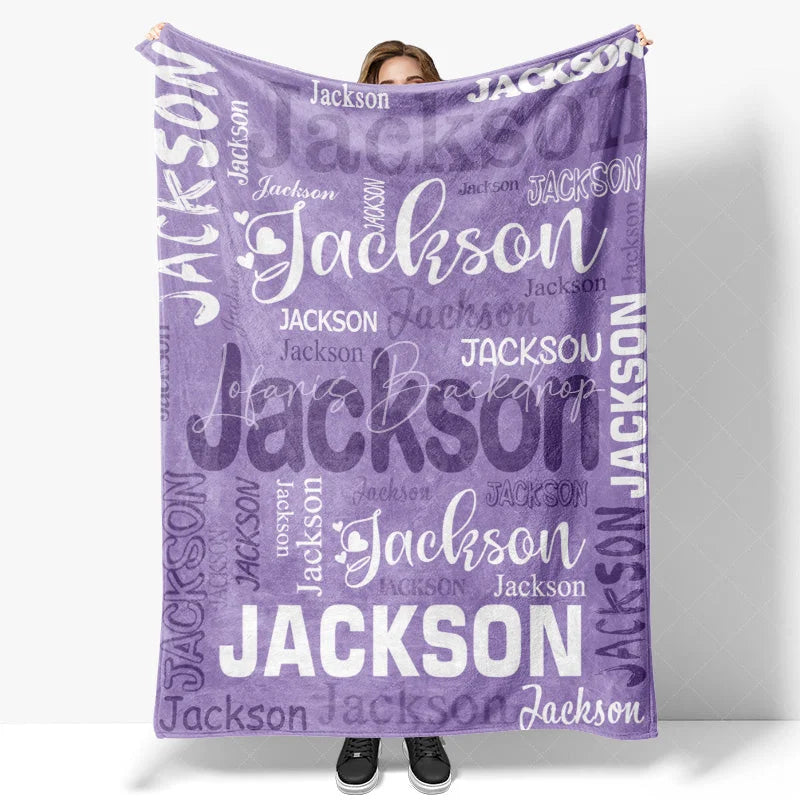 Lofaris Personalized Name Blanket for Boy or Girl Custom Word Cloud Typography Purple Blue Nursery Swaddle