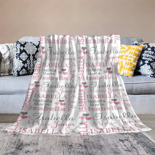 Lofaris Personalized Name Blanket for Girl Custom Baby with Hearts Pink and Grey Nursery Decor Swaddle