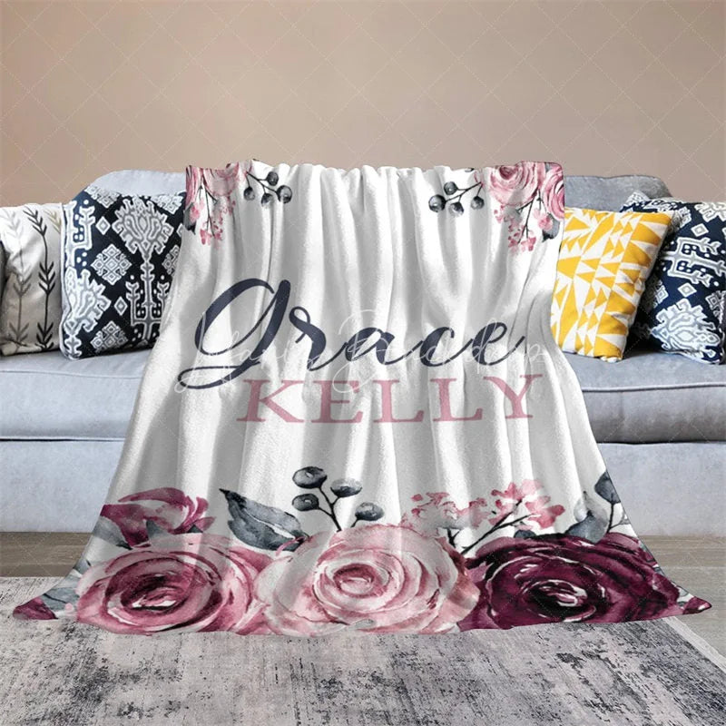 Lofaris Personalized Name Blanket for Girl Custom Baby with Maroon Rose Pink Floral Nursery Decor Swaddle