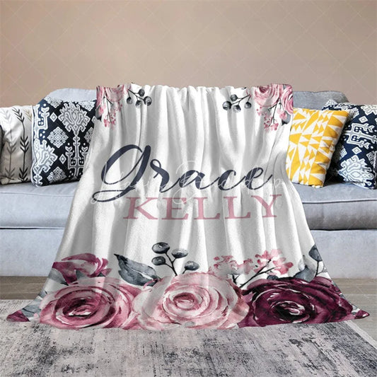 Lofaris Personalized Name Blanket for Girl Custom Baby with Maroon Rose Pink Floral Nursery Decor Swaddle