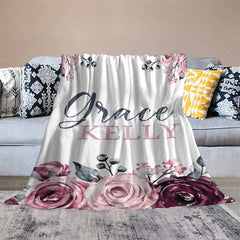 Lofaris Personalized Name Blanket for Girl Custom Baby with Maroon Rose Pink Floral Nursery Decor Swaddle