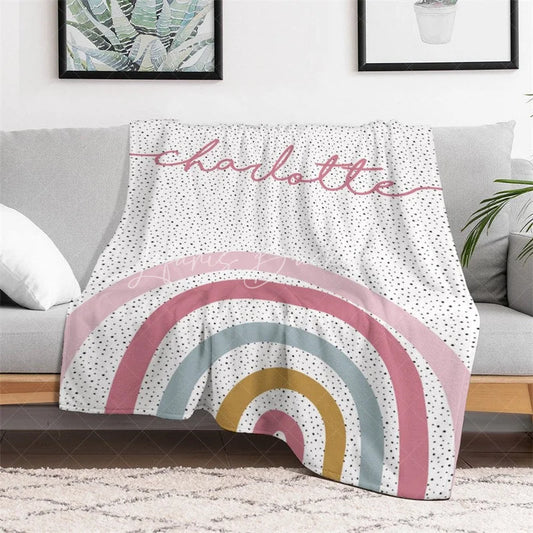 Lofaris Personalized Name Blanket for Girl Custom Boho Rainbow Polka Dot Pastel Nursery Swaddle Decor