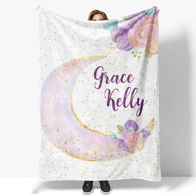 Lofaris Personalized Name Blanket for Girl Custom Moon and Stars Pastel Floral Nursery Decor Swaddle