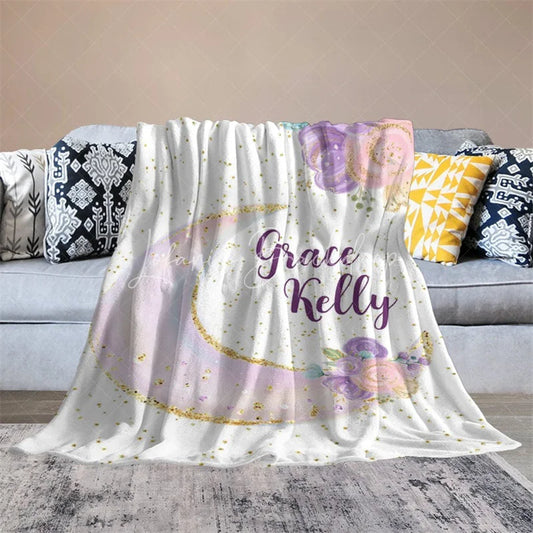 Lofaris Personalized Name Blanket for Girl Custom Moon and Stars Pastel Floral Nursery Decor Swaddle