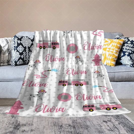 Lofaris Personalized Name Blanket for Girl Custom Pink Fire Truck Dalmatian Dog Firefighter Baby Swaddle