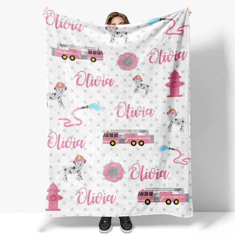 Lofaris Personalized Name Blanket for Girl Custom Pink Fire Truck Dalmatian Dog Firefighter Baby Swaddle