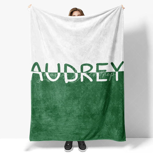 Lofaris Personalized Name Blanket for Girl or Boy Custom Green and White Color Block Modern Minimalist Nursery Decor